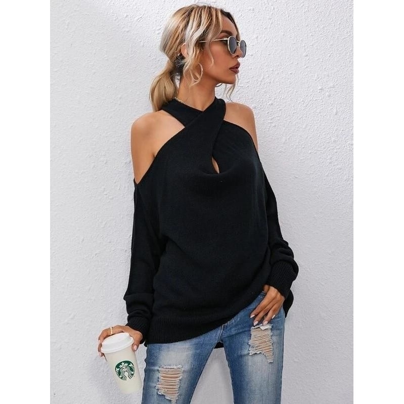 Crisscross Halter Neck Drop Shoulder Sweater Image 3