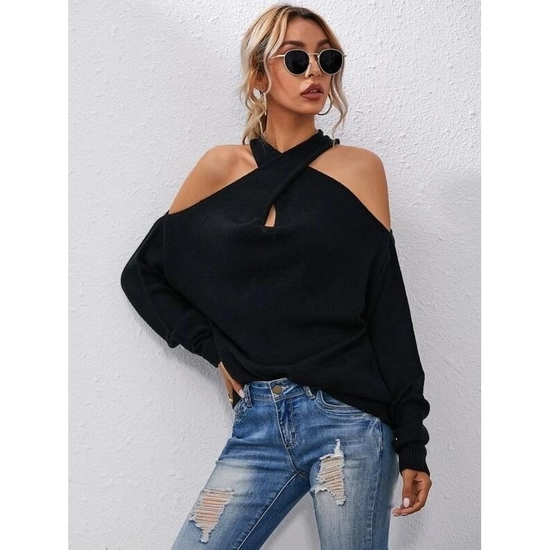 Crisscross Halter Neck Drop Shoulder Sweater Image 4