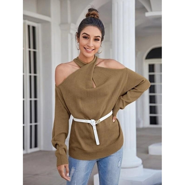 Crisscross Halter Neck Drop Shoulder Sweater Image 4