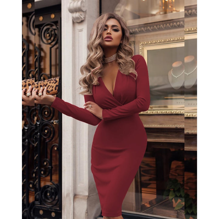 deep V pleated bag hip long-sleeved solid color maxi dress Image 10