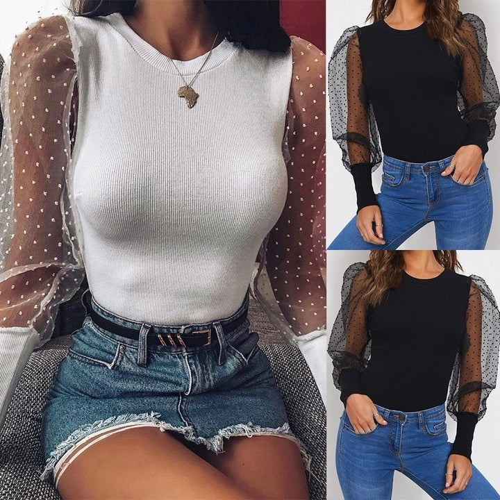 Dot Mesh Puff Sleeve Mid Waist Skinny Bodysuit Women Plain Elegant Bodysuits Image 1