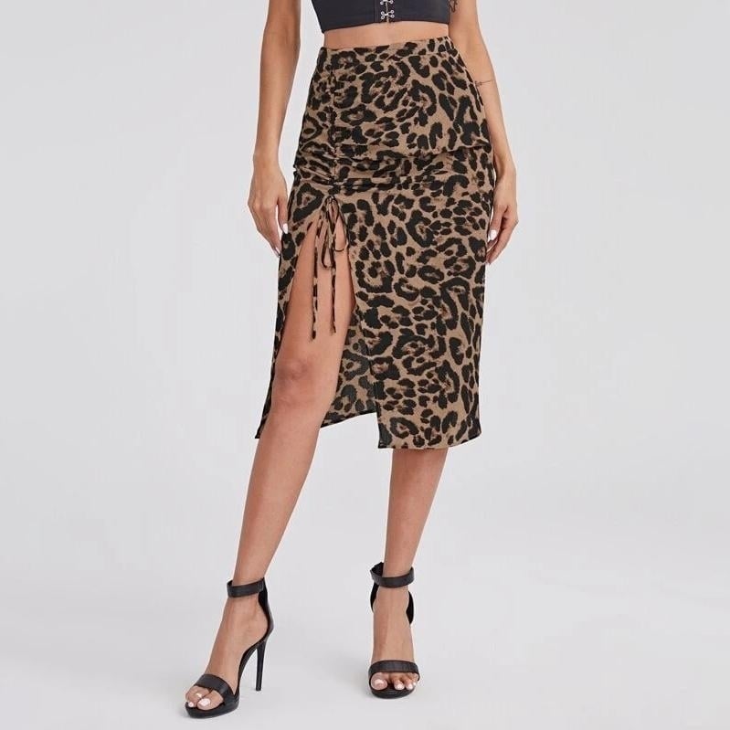 Drawstring Ruched Leopard Skirt Image 1