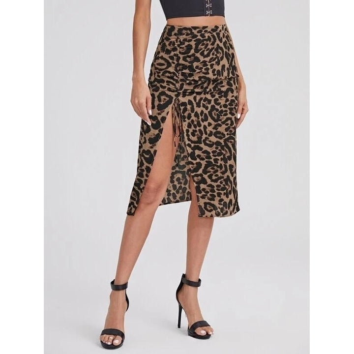 Drawstring Ruched Leopard Skirt Image 4