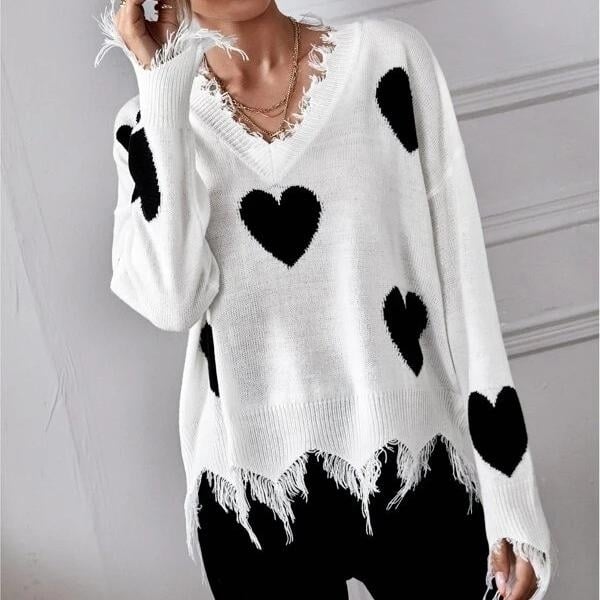 Drop Shoulder Heart Print Distressed Sweater Image 1