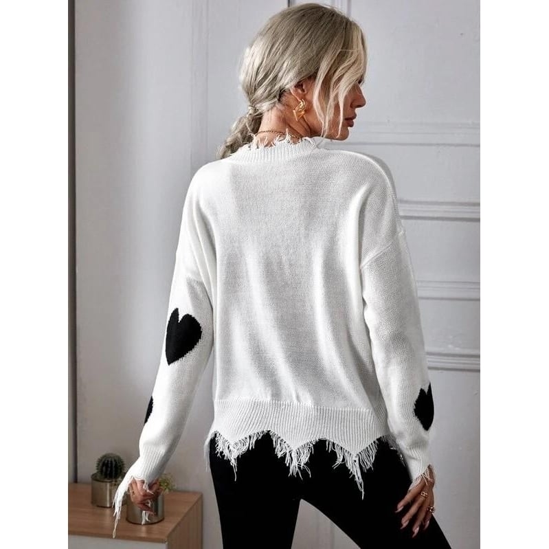 Drop Shoulder Heart Print Distressed Sweater Image 2