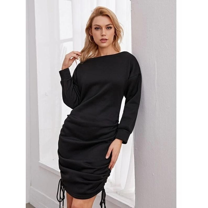 Drop Shoulder Ruched Drawstring Knot Sweatshirt Dress Image 6