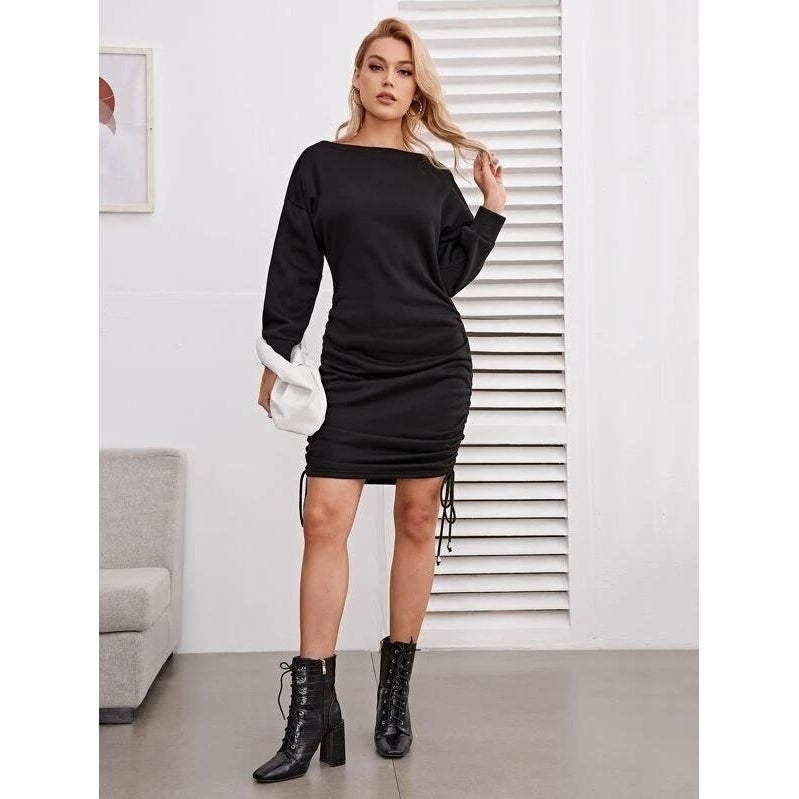 Drop Shoulder Ruched Drawstring Knot Sweatshirt Dress Image 8