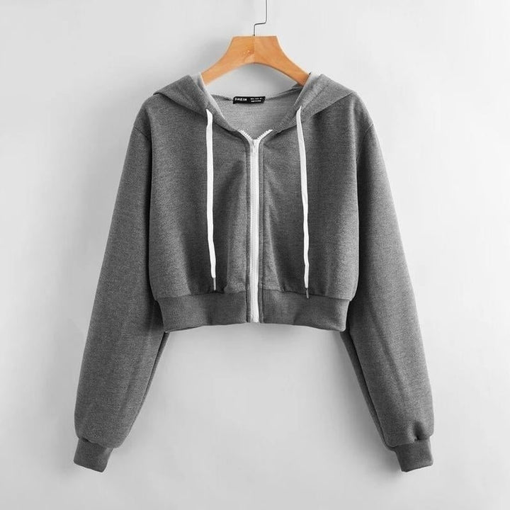 Drop Shoulder Zip Up Drawstring Crop Hoodie Image 2