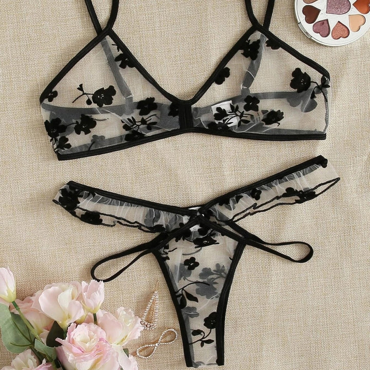 Floral Sheer Mesh Thong Lingerie Set Image 1