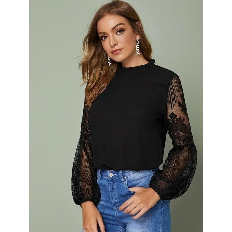 Frilled Neck Lace Sheer Sleeve Shirt Top Tee Image 4