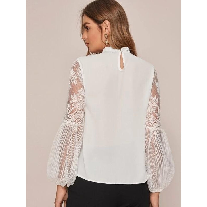 Frilled Neck Lace Sheer Sleeve Shirt Top Tee Image 7