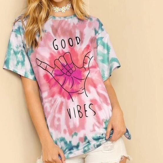 Graphic Print Tie Dye Shirt Top Tee Image 1