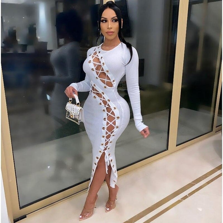 Hollow Out Bodycon Lace-Up Patchwork Sexy Dresses Casual Long Sleeve Ribbed Bandage Party Club Dresses Image 4