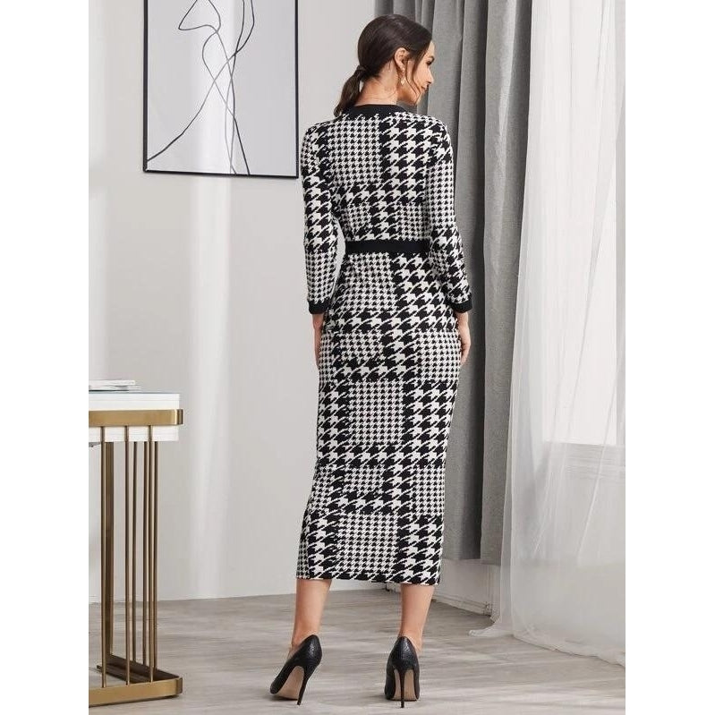 Houndstooth Split Hem Belted Dress Image 2