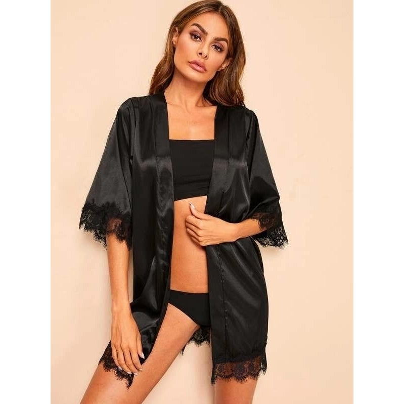 Lace Trim Satin Robe With Thong and Belt Image 3