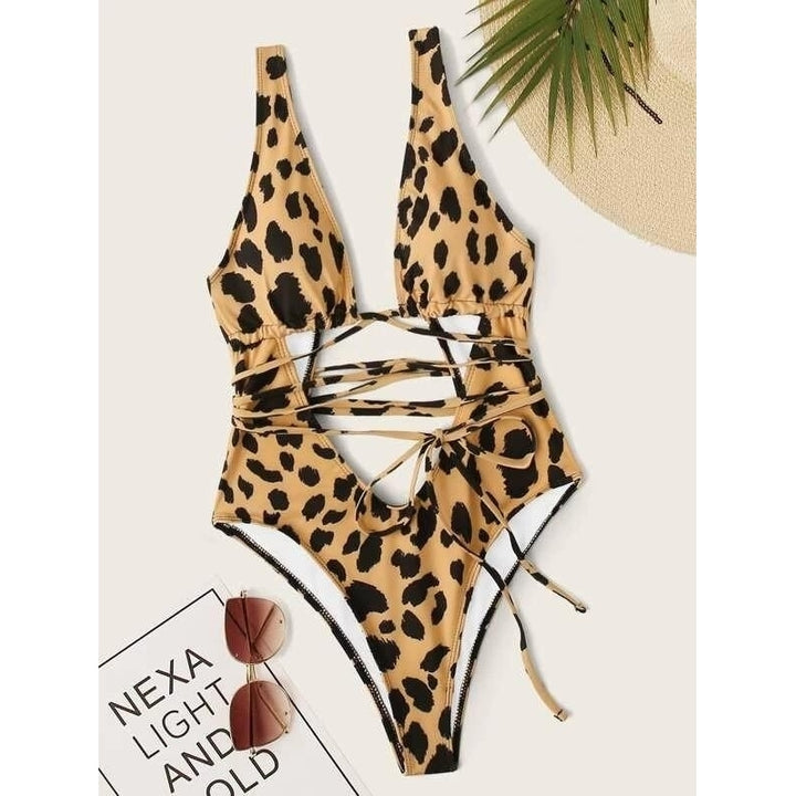 Leopard Plunge Neck One Piece Swimsuit Image 4