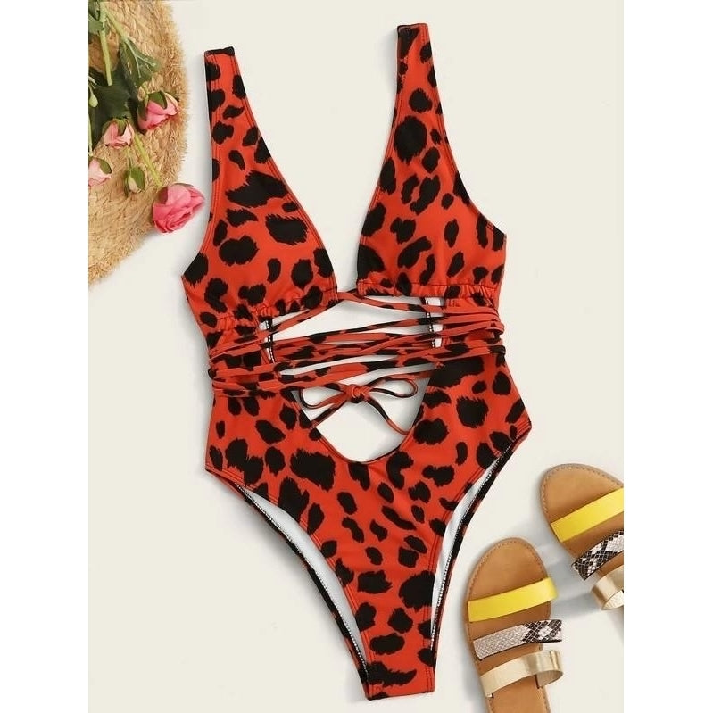 Leopard Plunge Neck One Piece Swimsuit Image 9