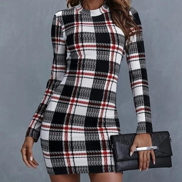 Mock-neck Plaid Dress Image 1