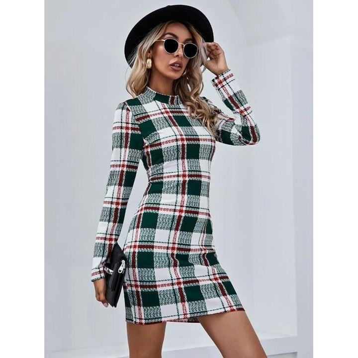 Mock-neck Plaid Dress Image 3