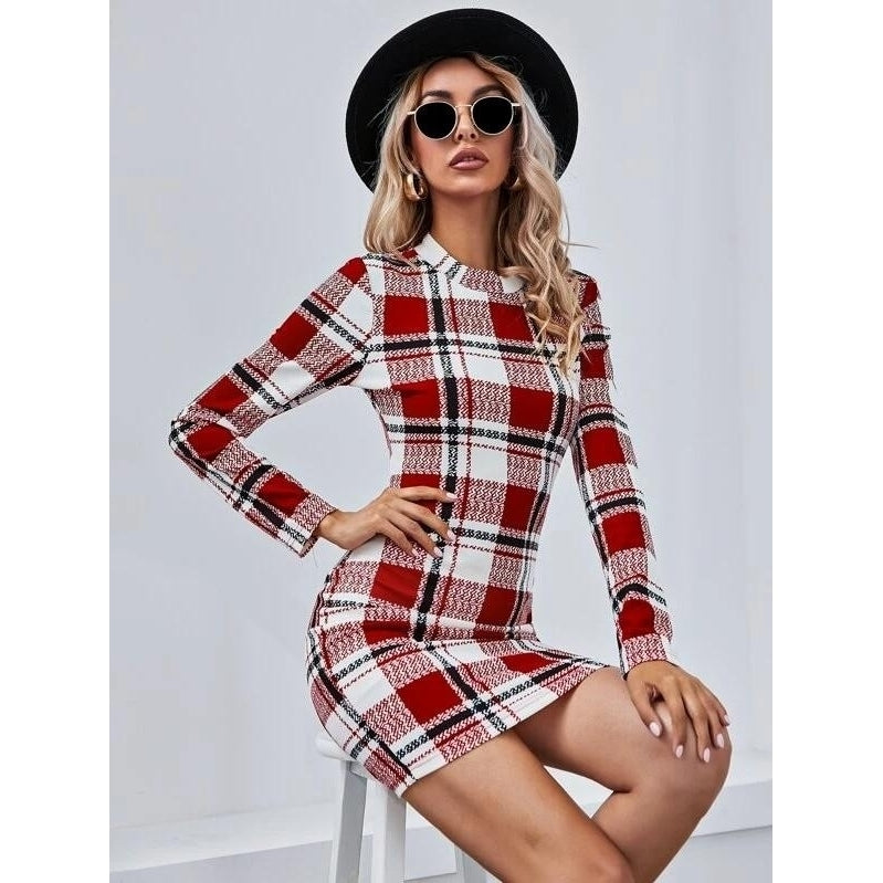 Mock-neck Plaid Dress Image 4