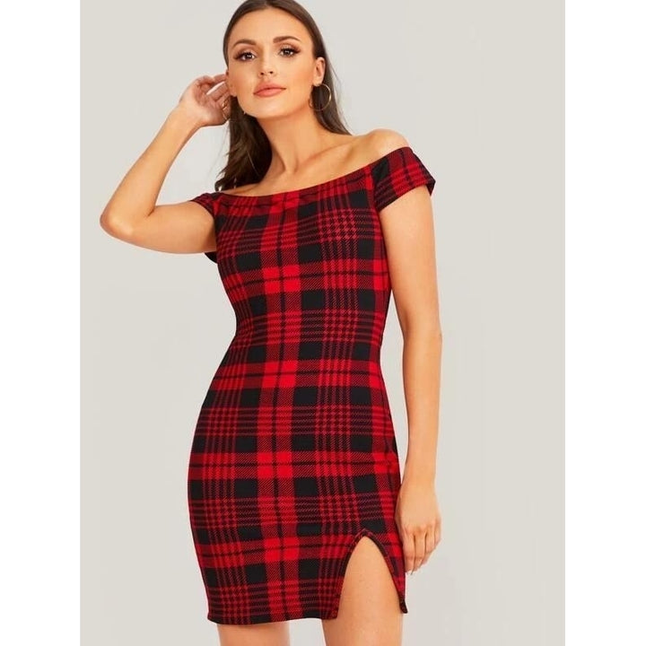 Off Shoulder Split Hem Plaid Dress Image 3