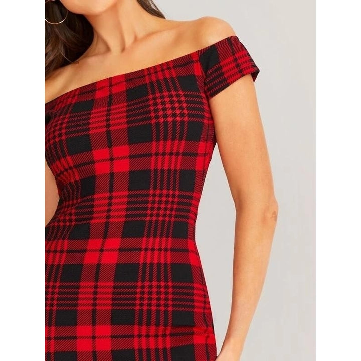 Off Shoulder Split Hem Plaid Dress Image 4