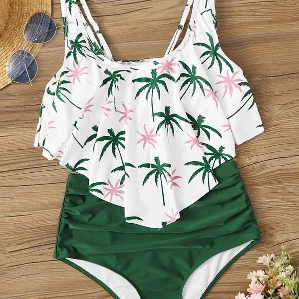 Palm Tree Ruched Bikini Swimsuit Image 1