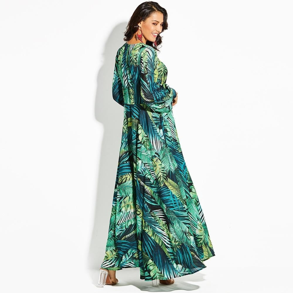 Print Lantern Sleeve Sexy Deep V-neck Green Leaf Maxi Dress Image 4