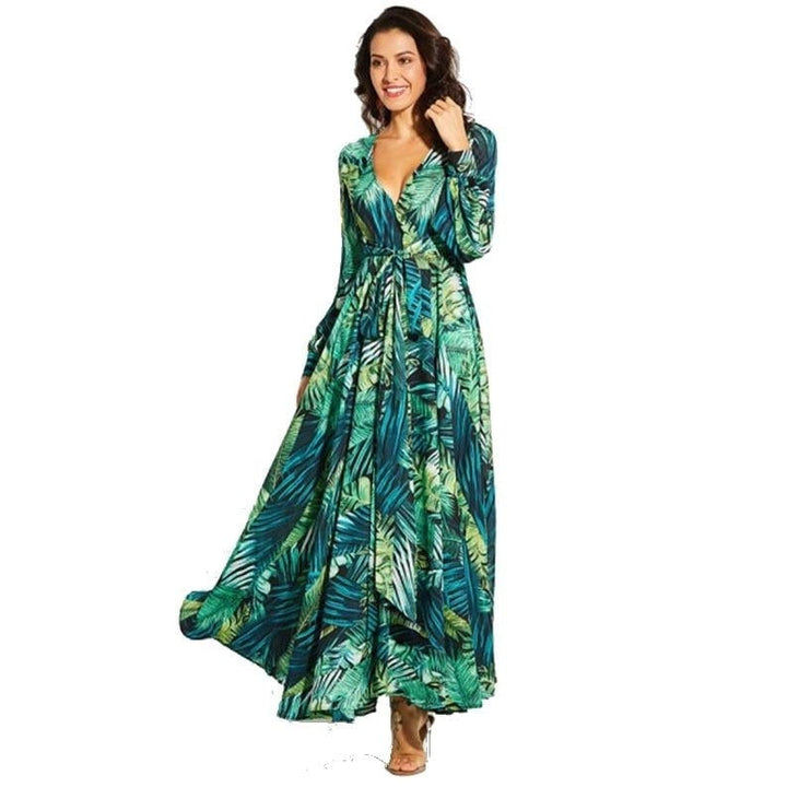 Print Lantern Sleeve Sexy Deep V-neck Green Leaf Maxi Dress Image 4