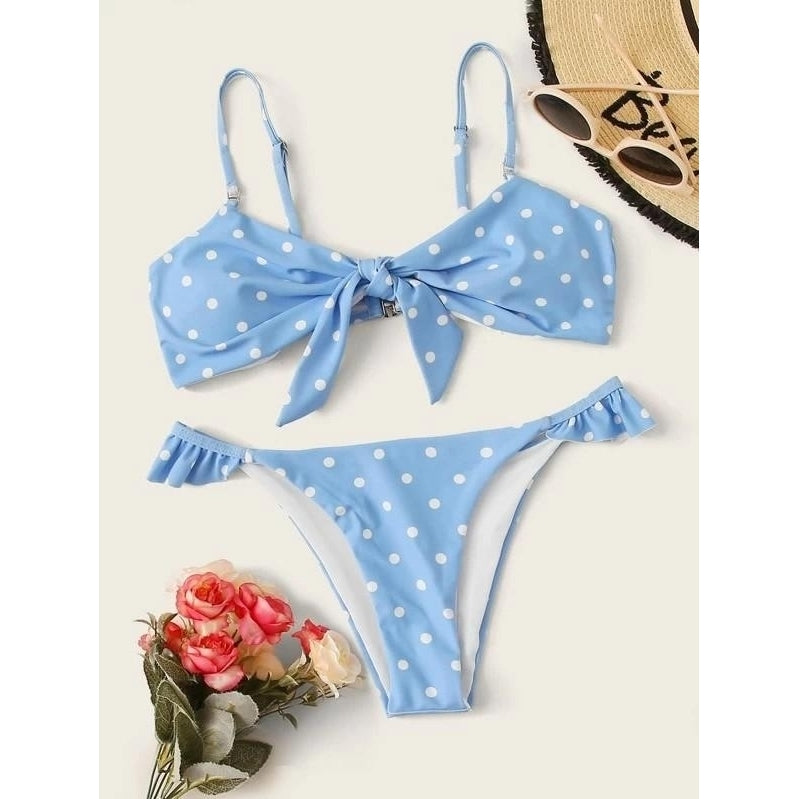 Polka Dot Knot Front Tanga Bikini Swimsuit Image 7