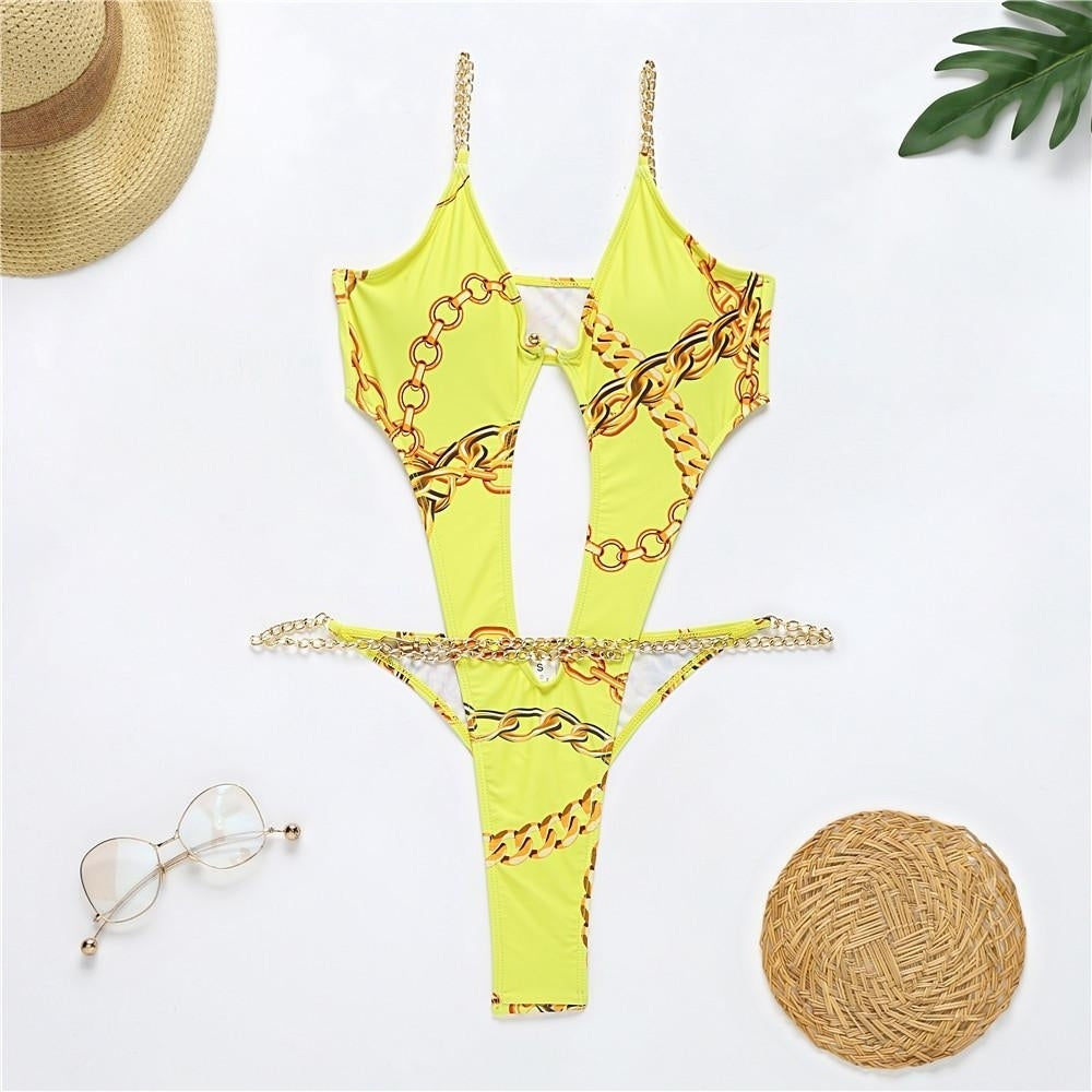 Printed Metal Chain One Piece Swimwear Bikini Swimsuit Image 6