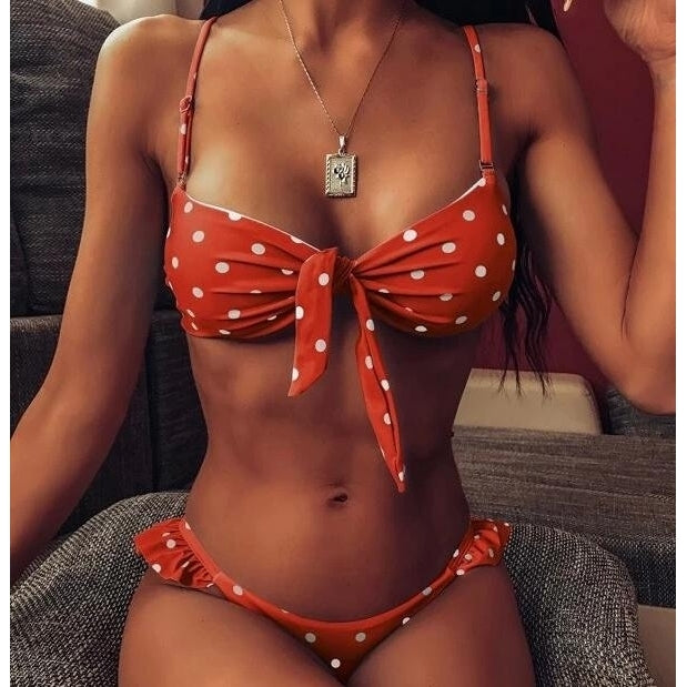 Polka Dot Knot Front Tanga Bikini Swimsuit Image 11