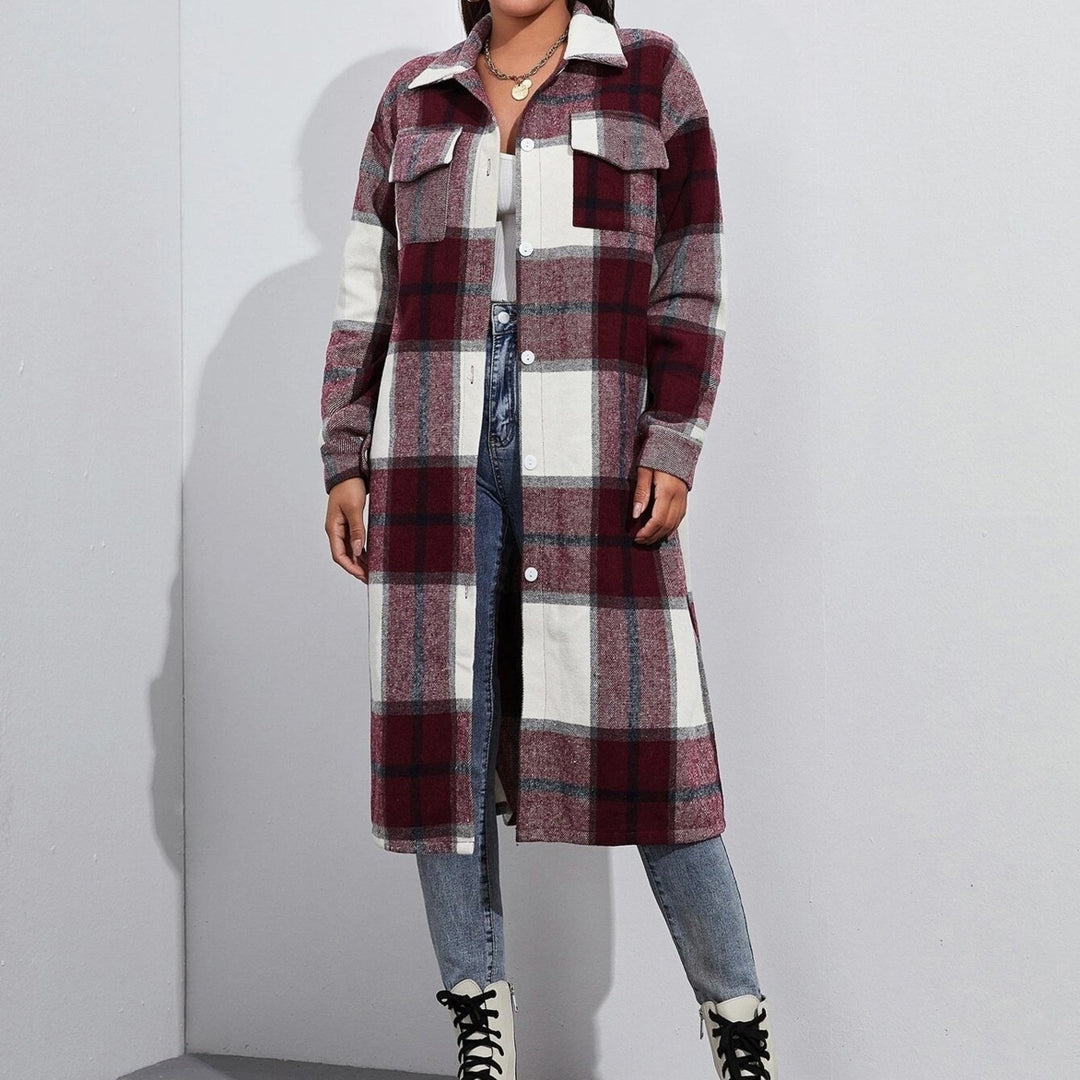 retro long-sleeved lapel single-breasted long coat loose plaid cardigan Image 2