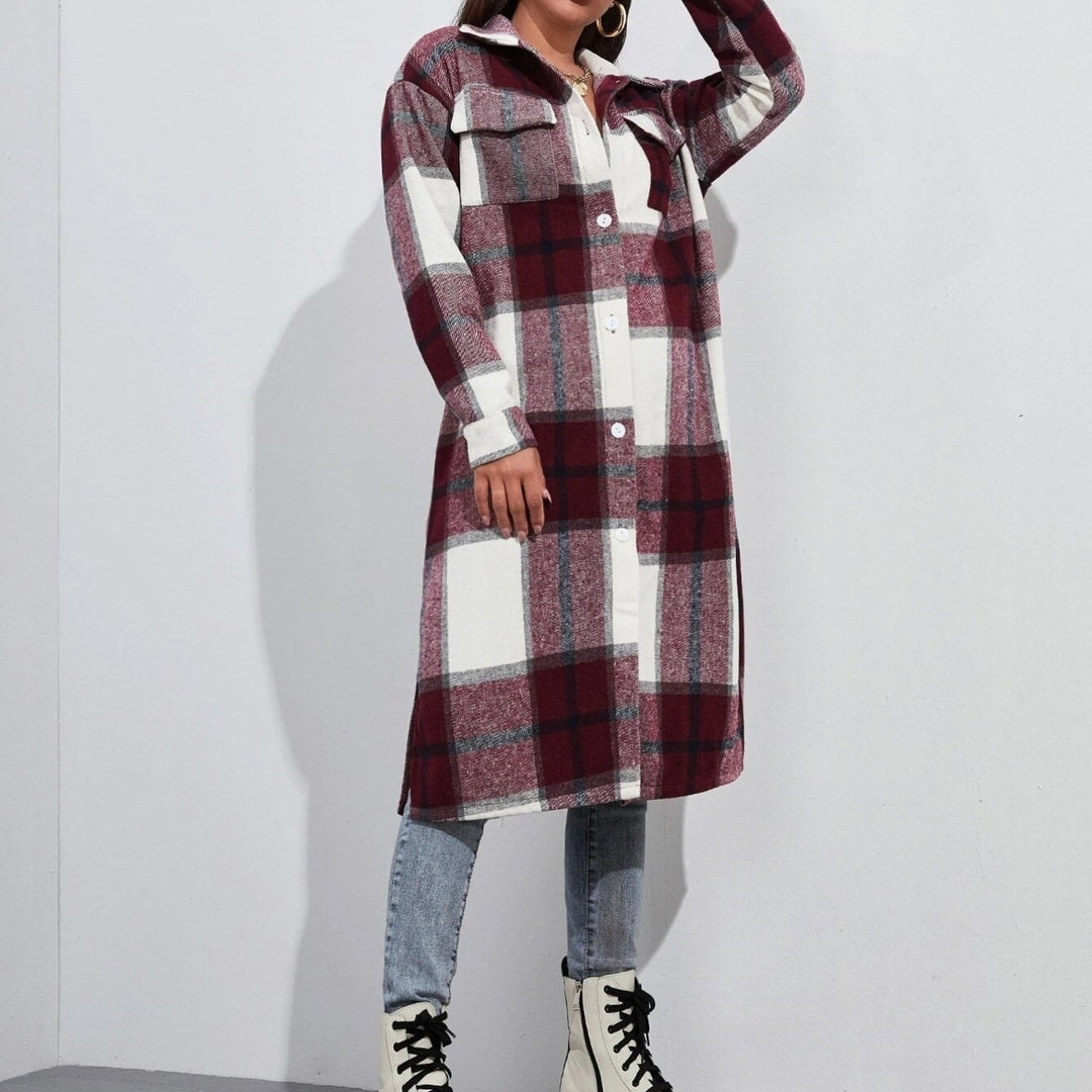 retro long-sleeved lapel single-breasted long coat loose plaid cardigan Image 3