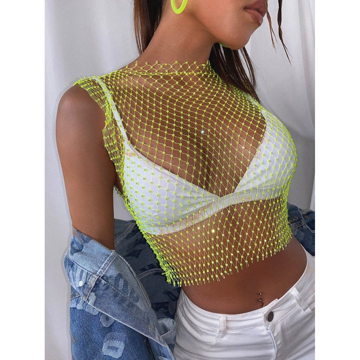 Rhinestone Detail Fishnet Top Without Bra Image 3