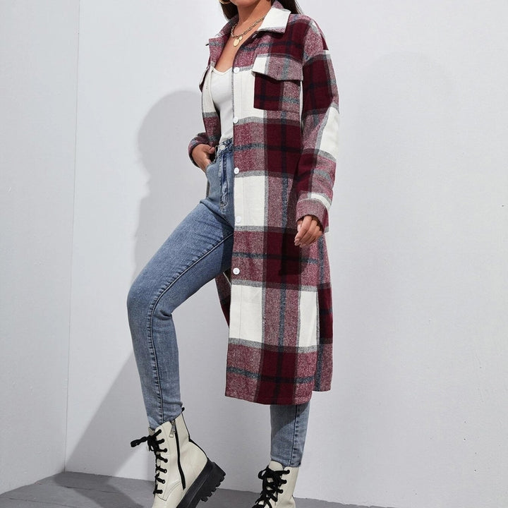 retro long-sleeved lapel single-breasted long coat loose plaid cardigan Image 4