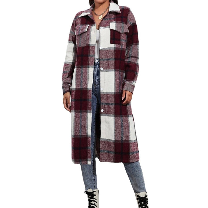 retro long-sleeved lapel single-breasted long coat loose plaid cardigan Image 6