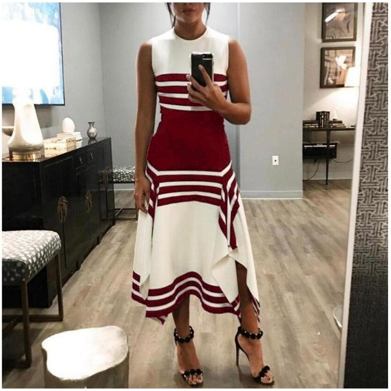 Round Collar Sleeveless Stripe Maxi Dress Image 2