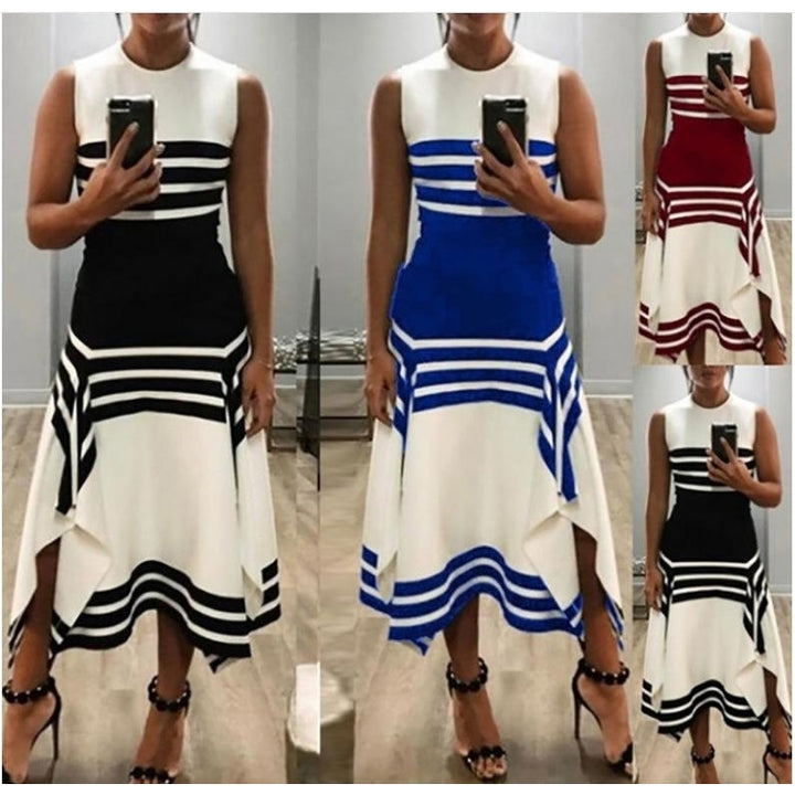 Round Collar Sleeveless Stripe Maxi Dress Image 3