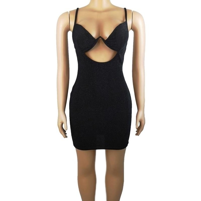 Sequin Women Strap Mini Dress V Neck Hollow Out Bodycon Sexy Streetwear Club Party Slim Image 4