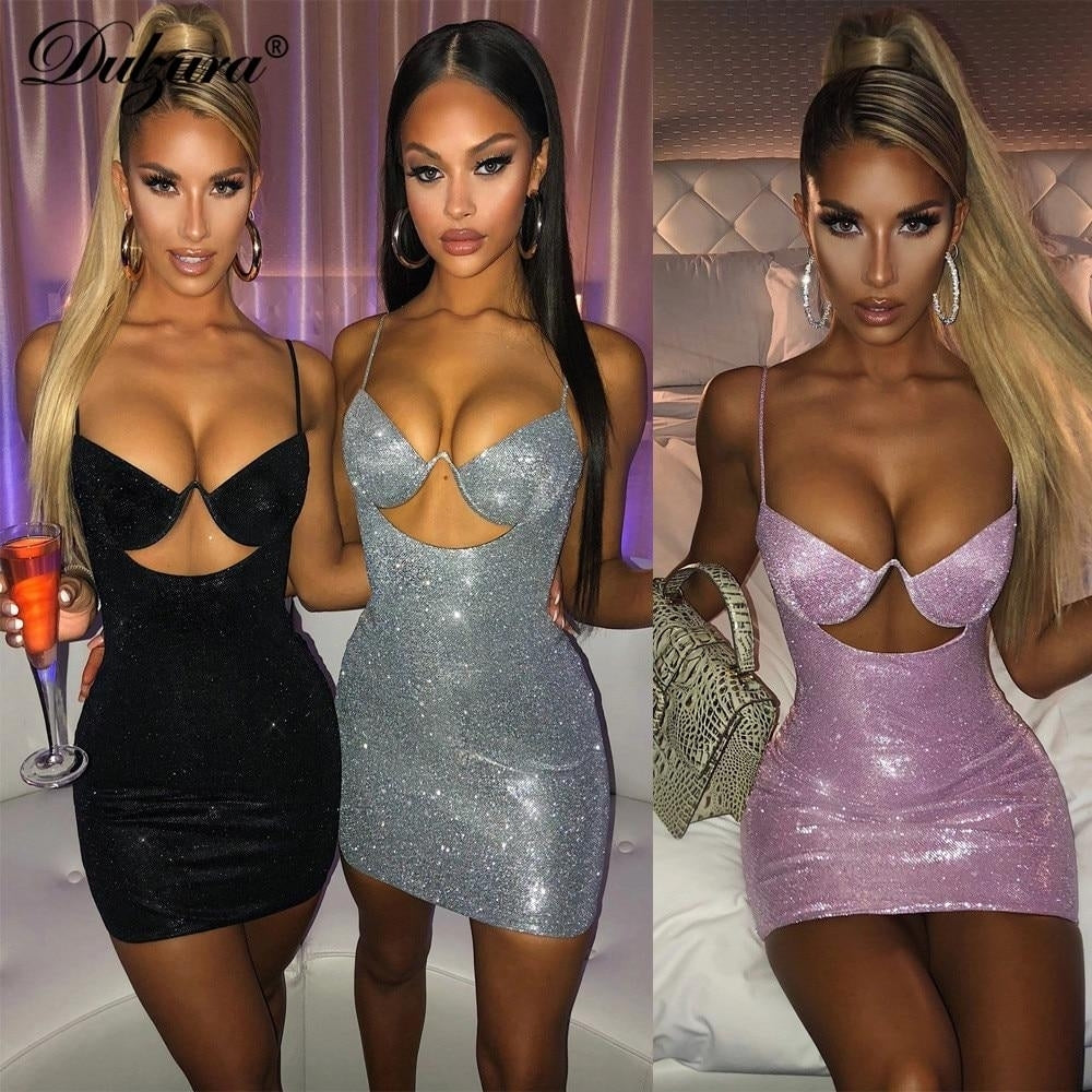 Sequin Women Strap Mini Dress V Neck Hollow Out Bodycon Sexy Streetwear Club Party Slim Image 9