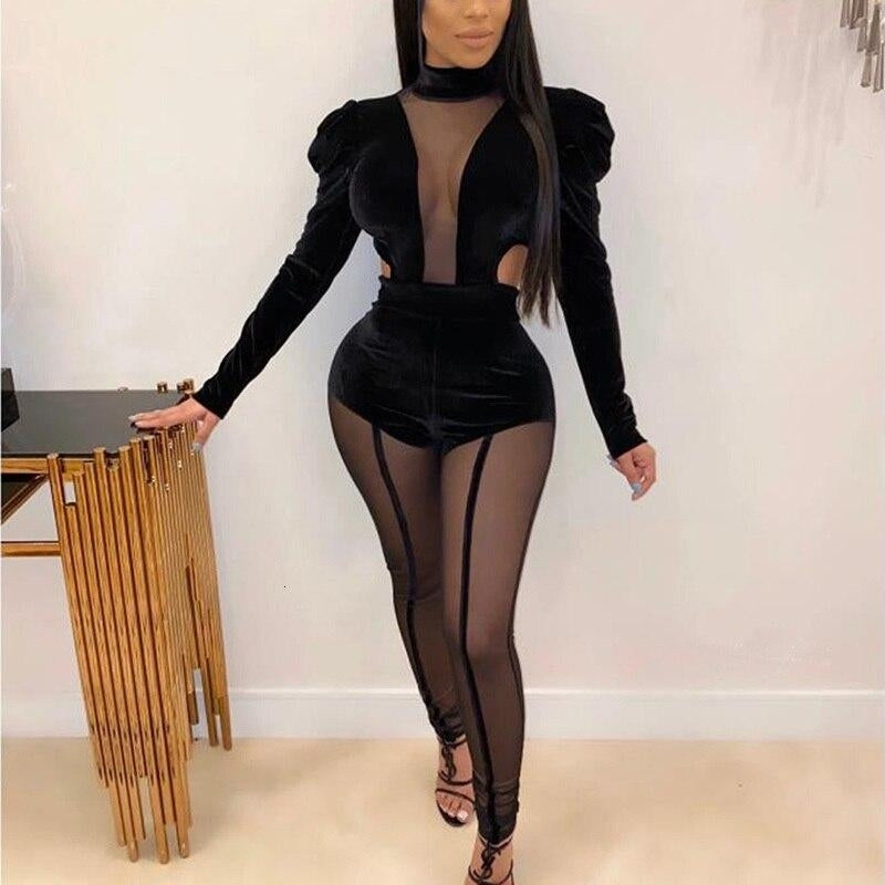 Sexy Full Sleeve Velvet Bodycon Jumpsuits Black Lace Patchwork Long Party Playsuits High Neck Fall Rompers One Piece Image 1