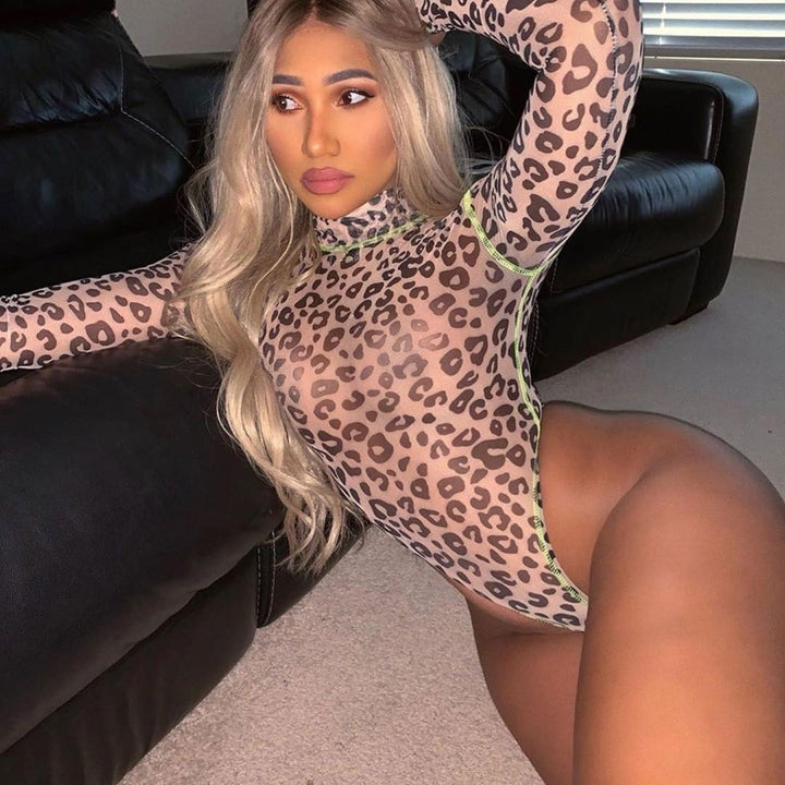 sexy leopard print long-sleeved fluorescent contrast color jumpsuit Image 4