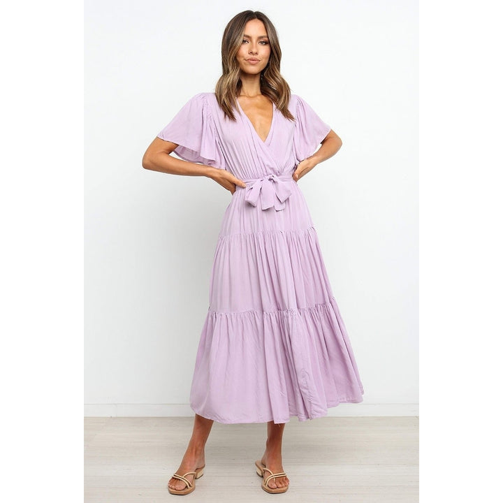 Sexy V-Neck Short Sleeve Solid Maxi Dress Image 6