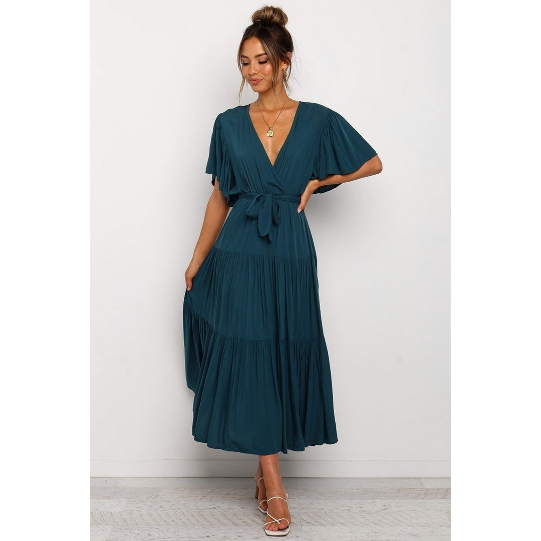 Sexy V-Neck Short Sleeve Solid Maxi Dress Image 7