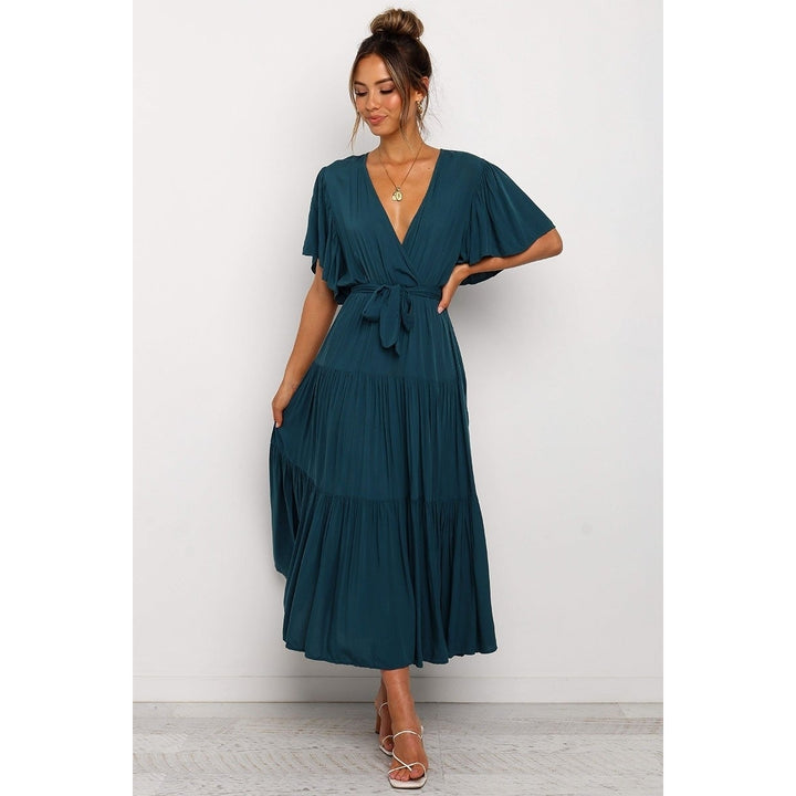 Sexy V-Neck Short Sleeve Solid Maxi Dress Image 7