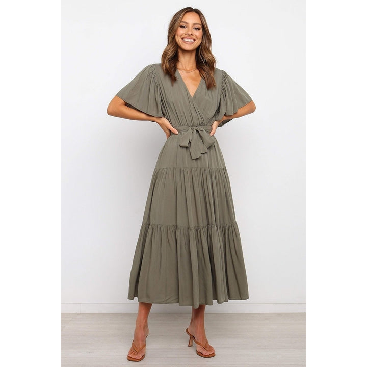 Sexy V-Neck Short Sleeve Solid Maxi Dress Image 10