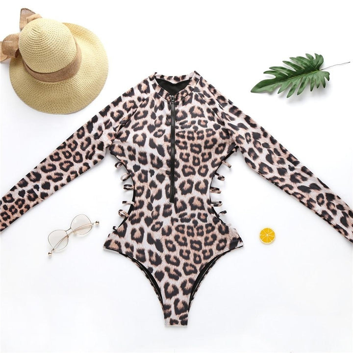 Snake Leopard Print Bikini Long-sleeved One Piece Swimwear Bikini Swimsuit Image 4