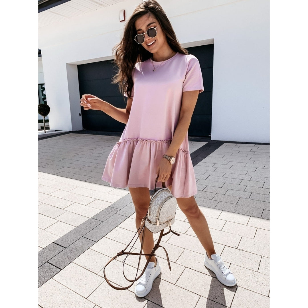 solid color short-sleeved loose round neck ruffle dress Image 4