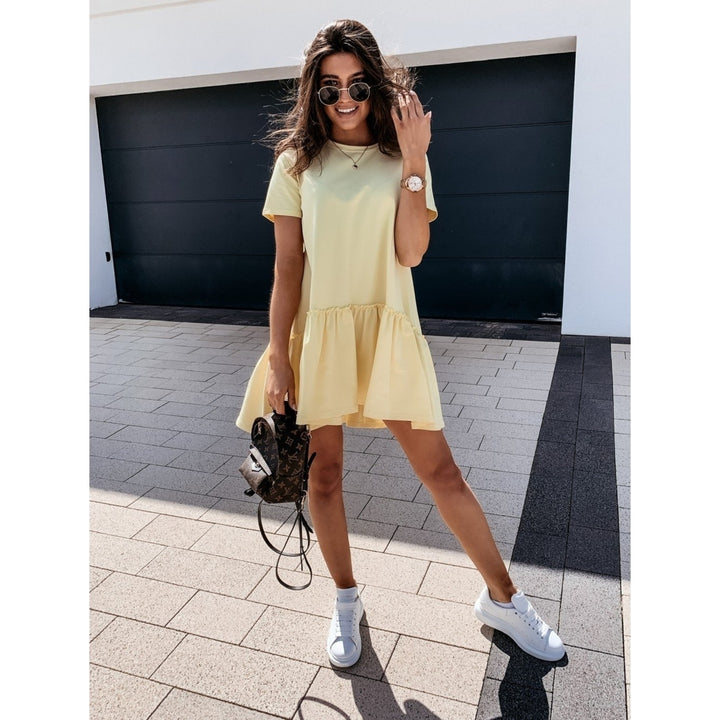 solid color short-sleeved loose round neck ruffle dress Image 6